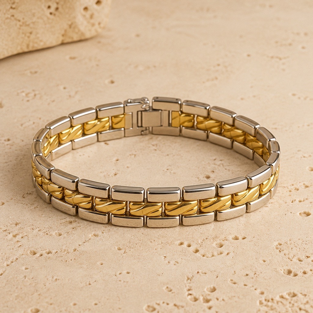 TwoTone Silver  Gold Watch Band Link Bracelet Chevron Textured Accent